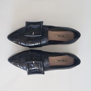 Miu Miu Black Leather Loafer Slip-On Sneaker Buckle & Metal Toe Logo Embossed